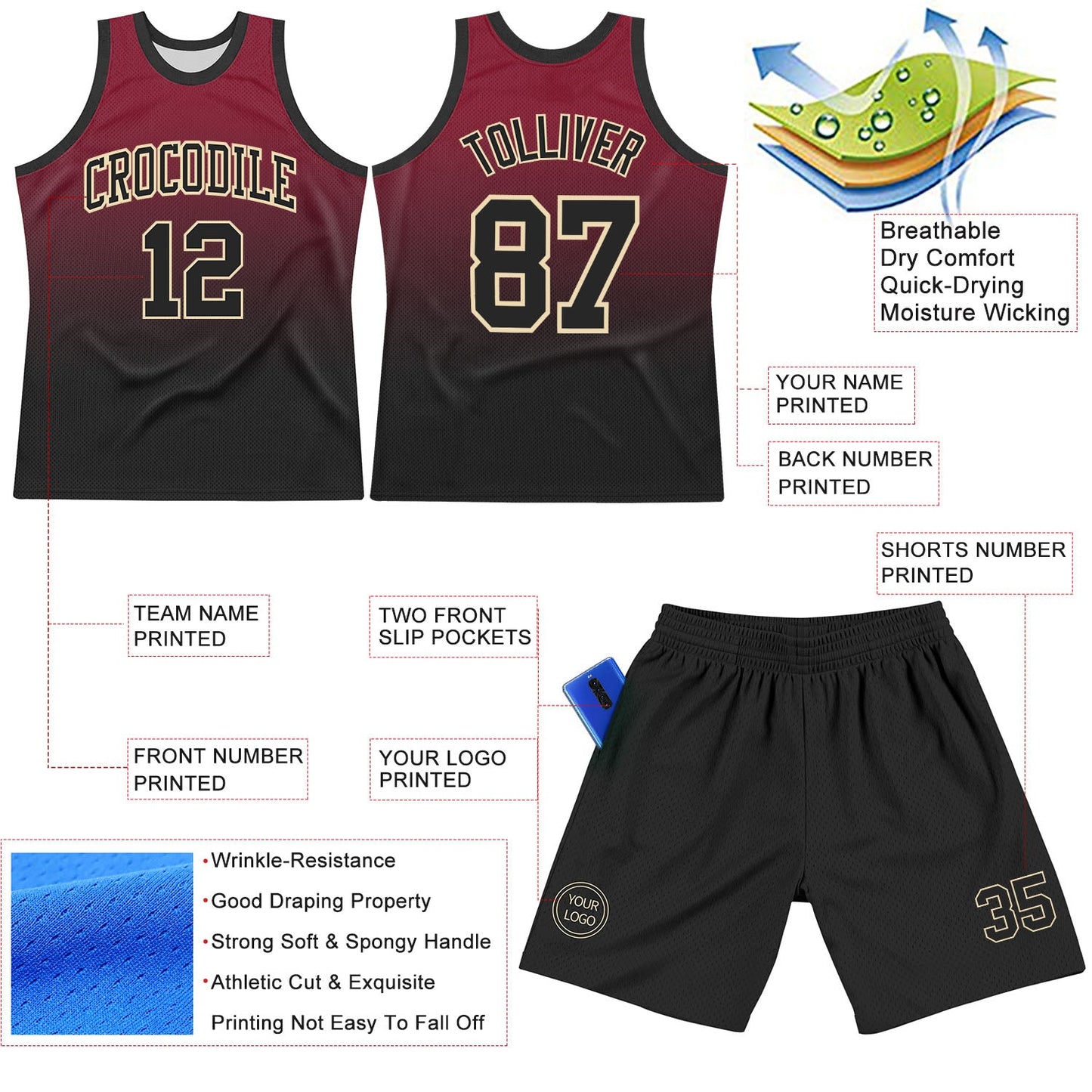 Custom Crimson Black-Cream Fade Fashion Round Neck Sublimation Basketball Suit Jersey - Sky-Custom