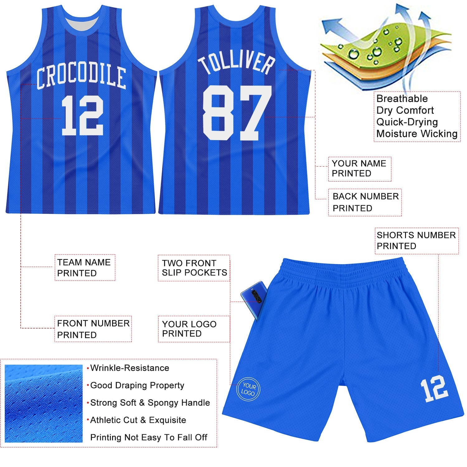 Custom Royal White Line Round Neck Sublimation Basketball Suit Jersey - Sky-Custom