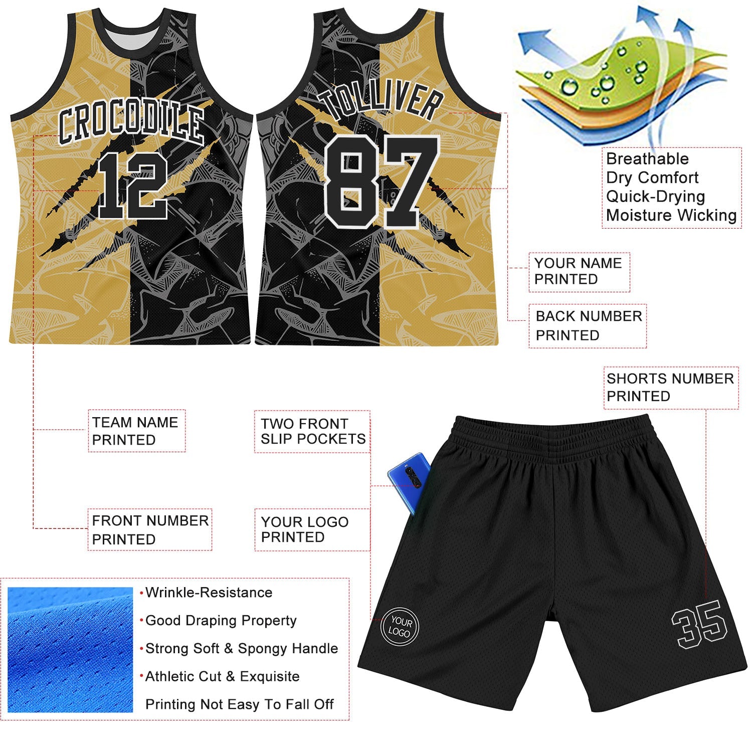 Custom Graffiti Pattern Black Old Gold-White Scratch Round Neck Sublimation Basketball Suit Jersey - Sky-Custom