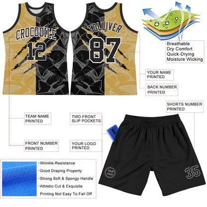 Custom Graffiti Pattern Black Old Gold-White Scratch Round Neck Sublimation Basketball Suit Jersey - Sky-Custom