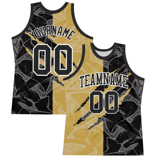 Custom Graffiti Pattern Black Old Gold-White Scratch Round Neck Sublimation Basketball Suit Jersey - Sky-Custom