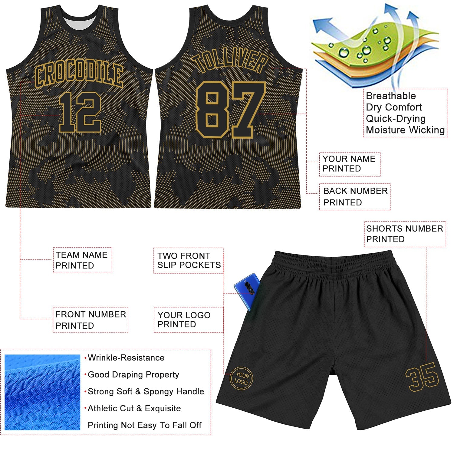 Custom Black Old Gold Curve Lines Round Neck Sublimation Basketball Suit Jersey - Sky-Custom