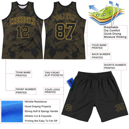Custom Black Old Gold Curve Lines Round Neck Sublimation Basketball Suit Jersey - Sky-Custom