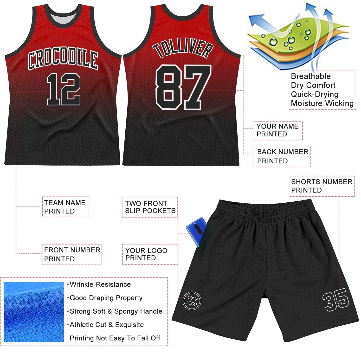 Custom Red Black-White Fade Fashion Round Neck Sublimation Basketball Suit Jersey - Sky-Custom