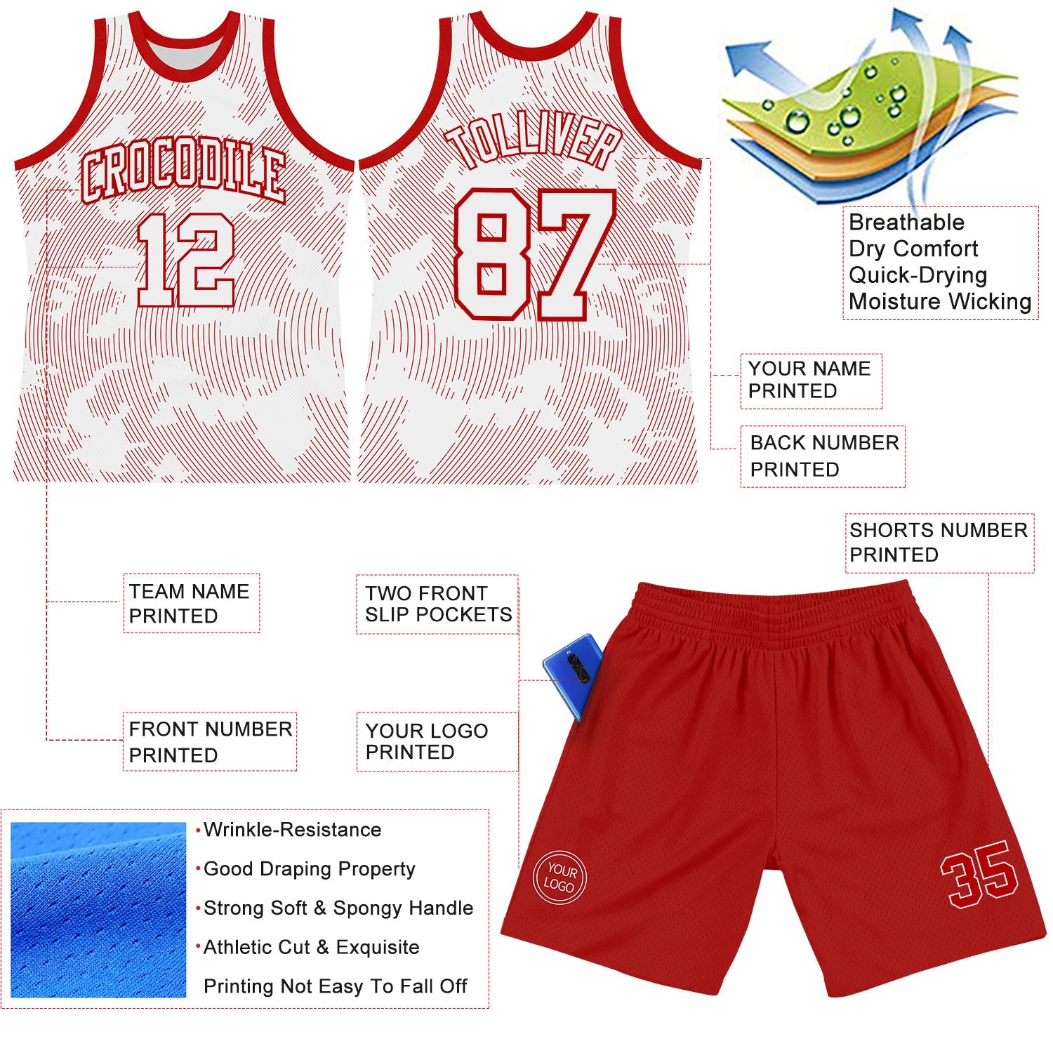 Custom White Red Curve Lines Round Neck Sublimation Basketball Suit Jersey - Sky-Custom