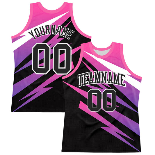 Custom Pink Black-White Line Round Neck Sublimation Basketball Suit Jersey - Sky-Custom