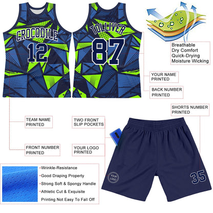 Custom Navy Neon Green-White Geometric Shape Round Neck Sublimation Basketball Suit Jersey - Sky-Custom
