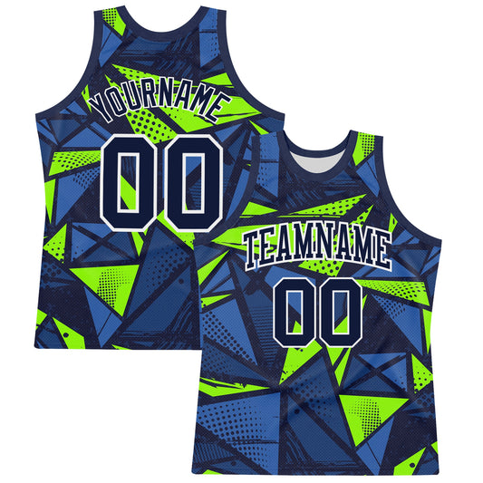 Custom Navy Neon Green-White Geometric Shape Round Neck Sublimation Basketball Suit Jersey - Sky-Custom