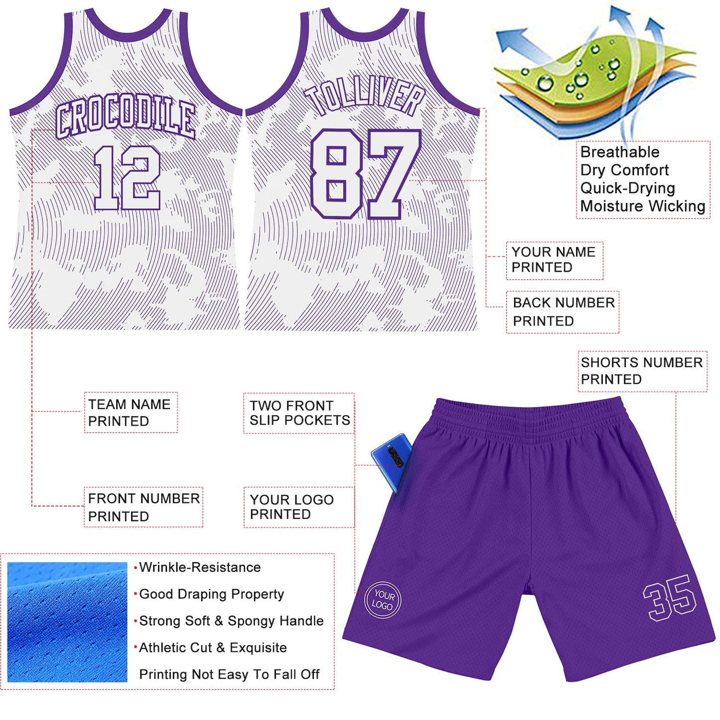 Custom White Purple Curve Lines Round Neck Sublimation Basketball Suit Jersey - Sky-Custom