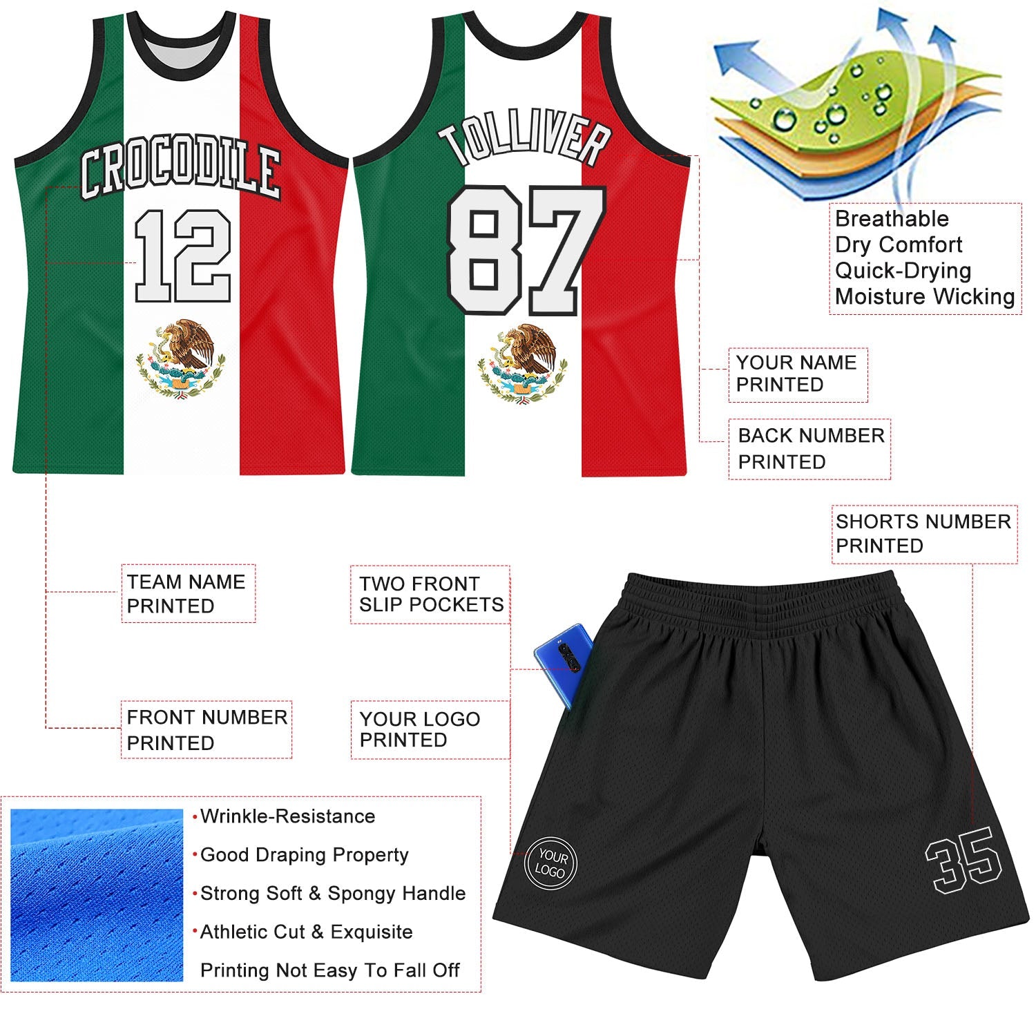 Custom Kelly Green White Red-Black Mexican Flag Round Neck Sublimation Basketball Suit Jersey - Sky-Custom