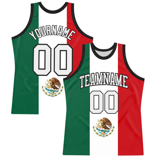 Custom Kelly Green White Red-Black Mexican Flag Round Neck Sublimation Basketball Suit Jersey - Sky-Custom