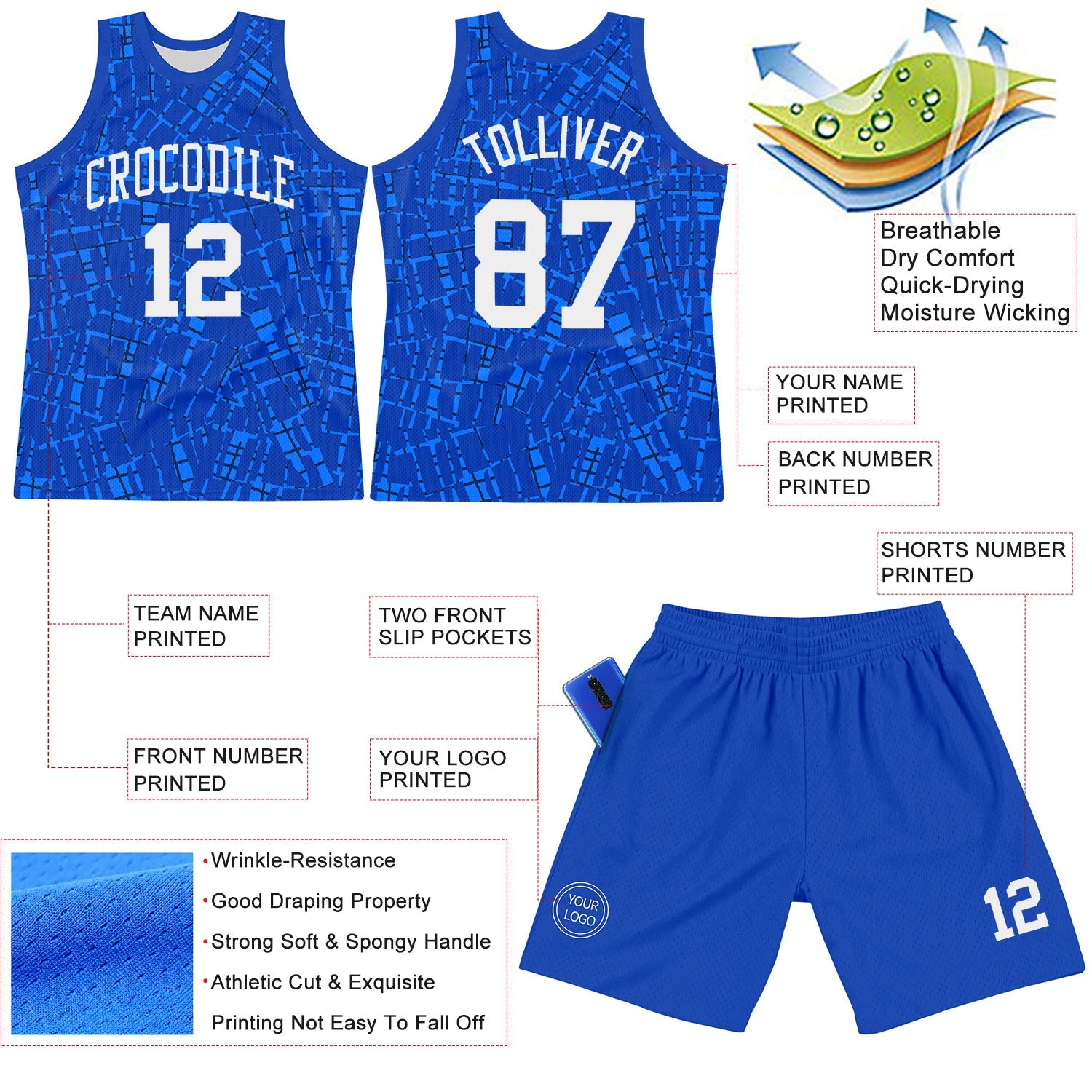Custom Royal White Round Line Neck Sublimation Basketball Suit Jersey - Sky-Custom