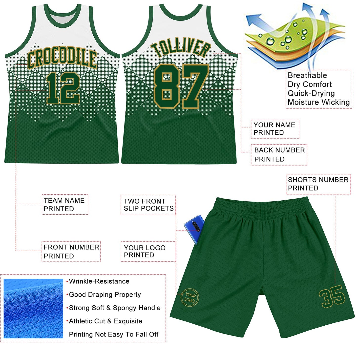 Custom White Green-Old Gold Gradient Square Shapes Round Neck Sublimation Basketball Suit Jersey - Sky-Custom