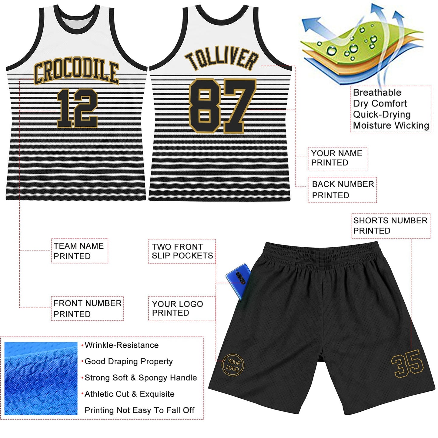Custom White Black-Old Gold Pinstripe Fade Fashion Round Neck Sublimation Basketball Suit Jersey - Sky-Custom