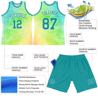 Custom Tie Dye Teal-White Round Neck Sublimation Basketball Suit Jersey - Sky-Custom