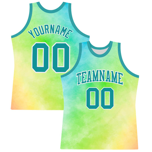 Custom Tie Dye Teal-White Round Neck Sublimation Basketball Suit Jersey - Sky-Custom