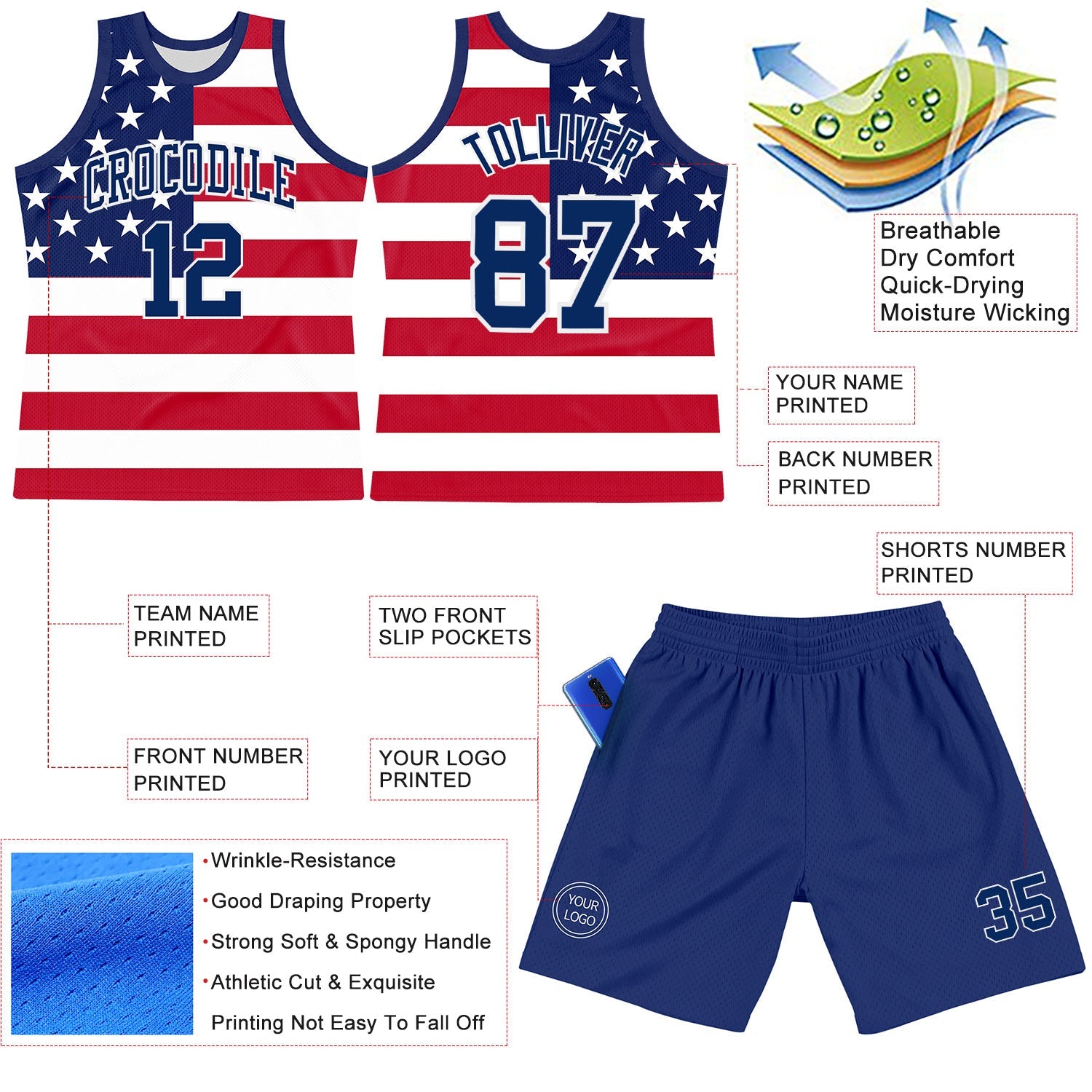 Custom Red Royal-White American Flag Round Neck Sublimation Basketball Suit Jersey - Sky-Custom