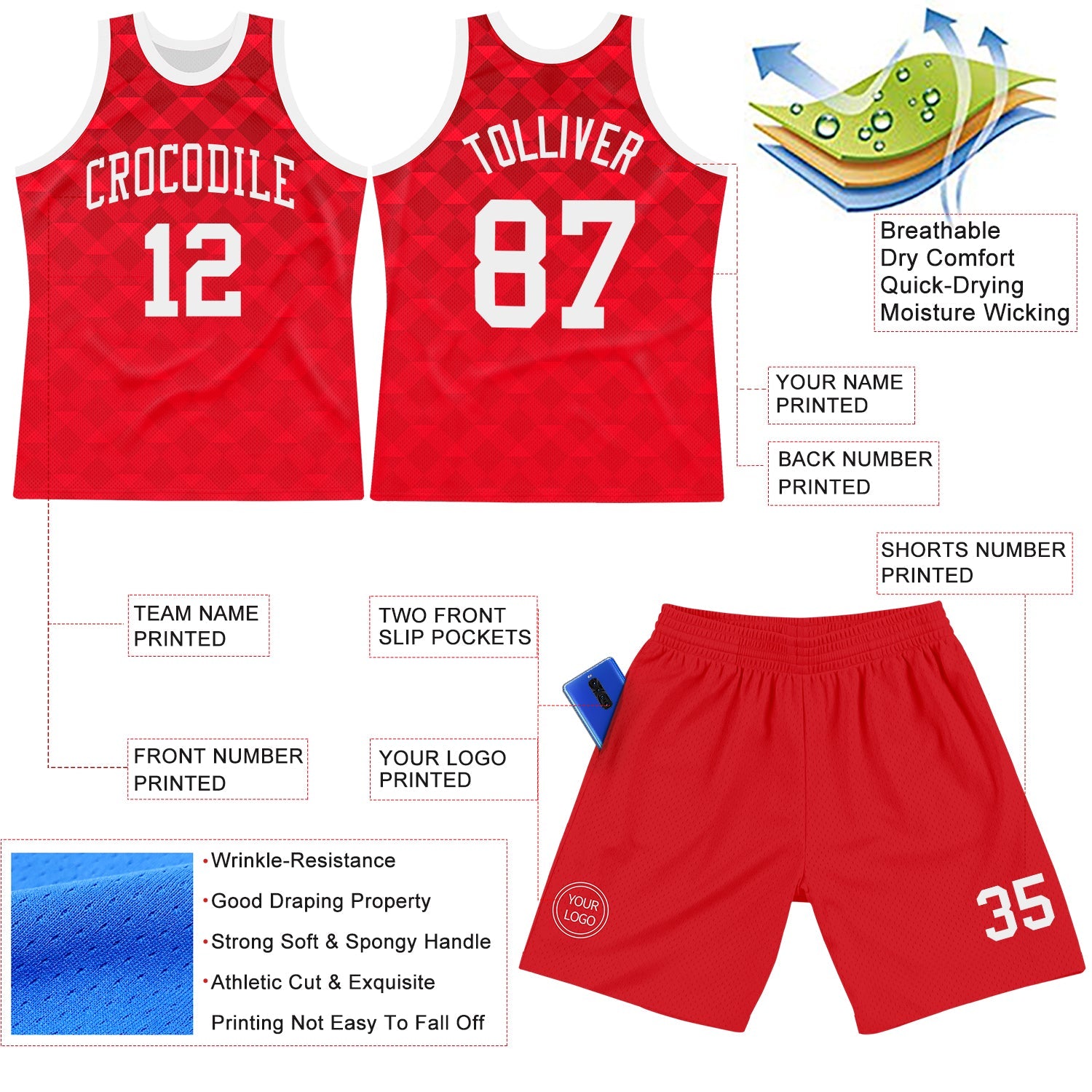Custom Red White Geometric Shape Round Neck Sublimation Basketball Suit Jersey - Sky-Custom