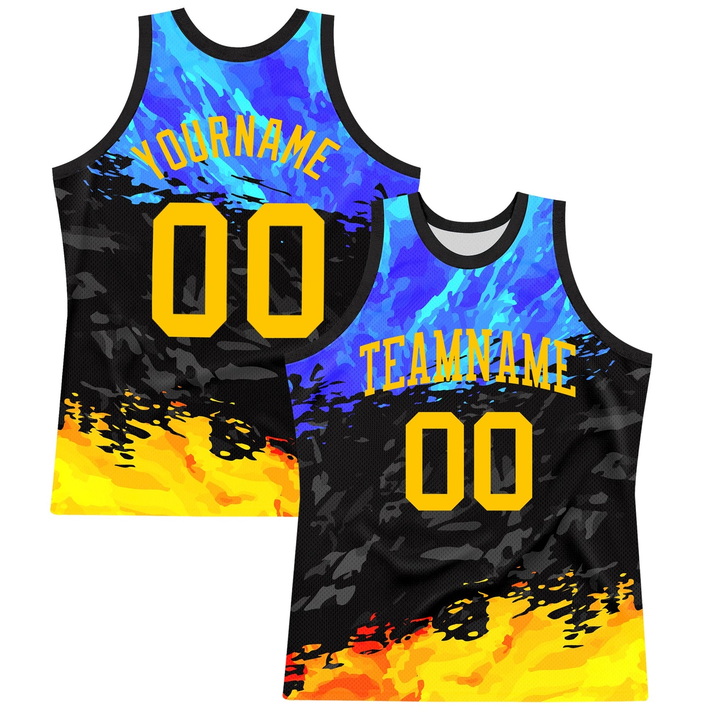 Custom Figure Yellow Royal-Black Splash Round Neck Sublimation Basketball Suit Jersey - Sky-Custom