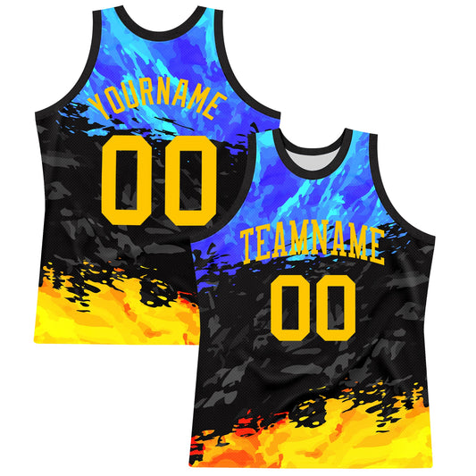 Custom Figure Yellow Royal-Black Splash Round Neck Sublimation Basketball Suit Jersey - Sky-Custom