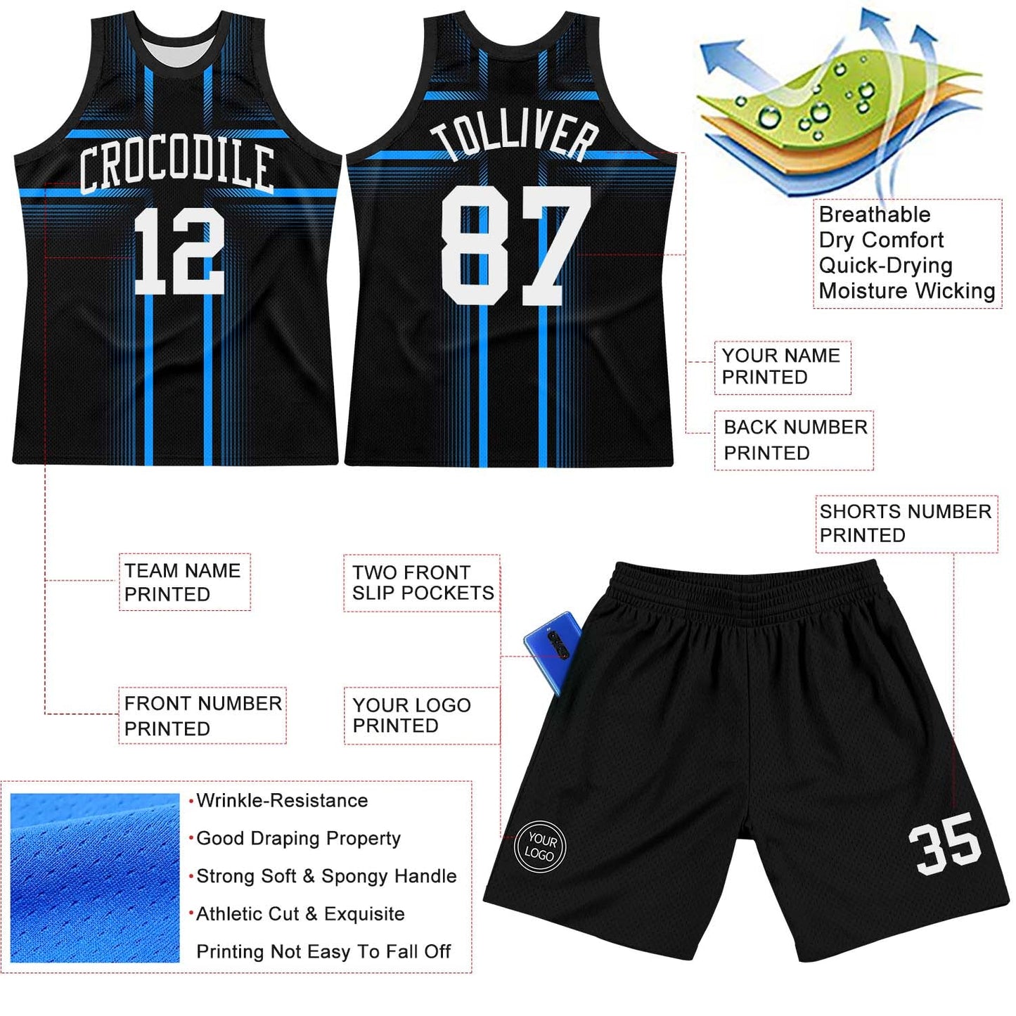Custom Black White-Light Blue Line Round Neck Sublimation Basketball Suit Jersey - Sky-Custom