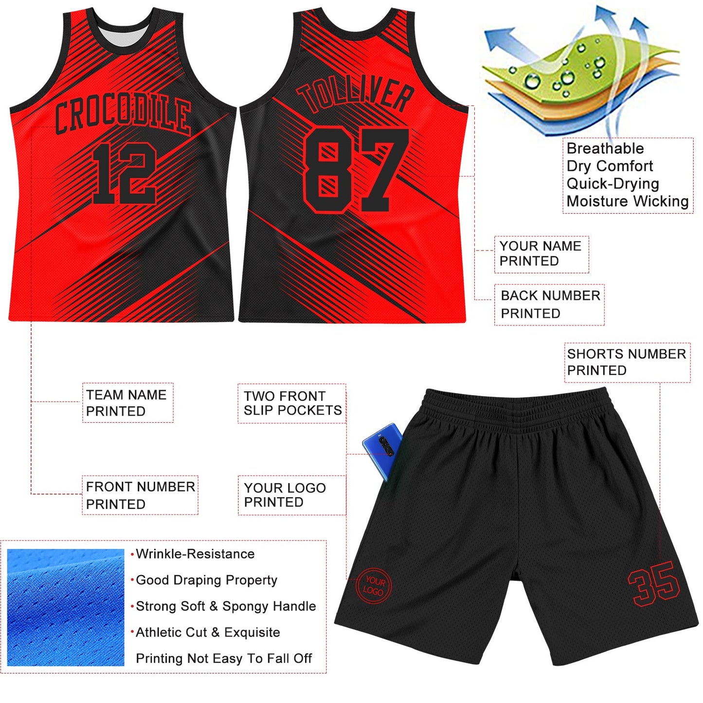 Custom Red Black Line Round Neck Sublimation Basketball Suit Jersey - Sky-Custom