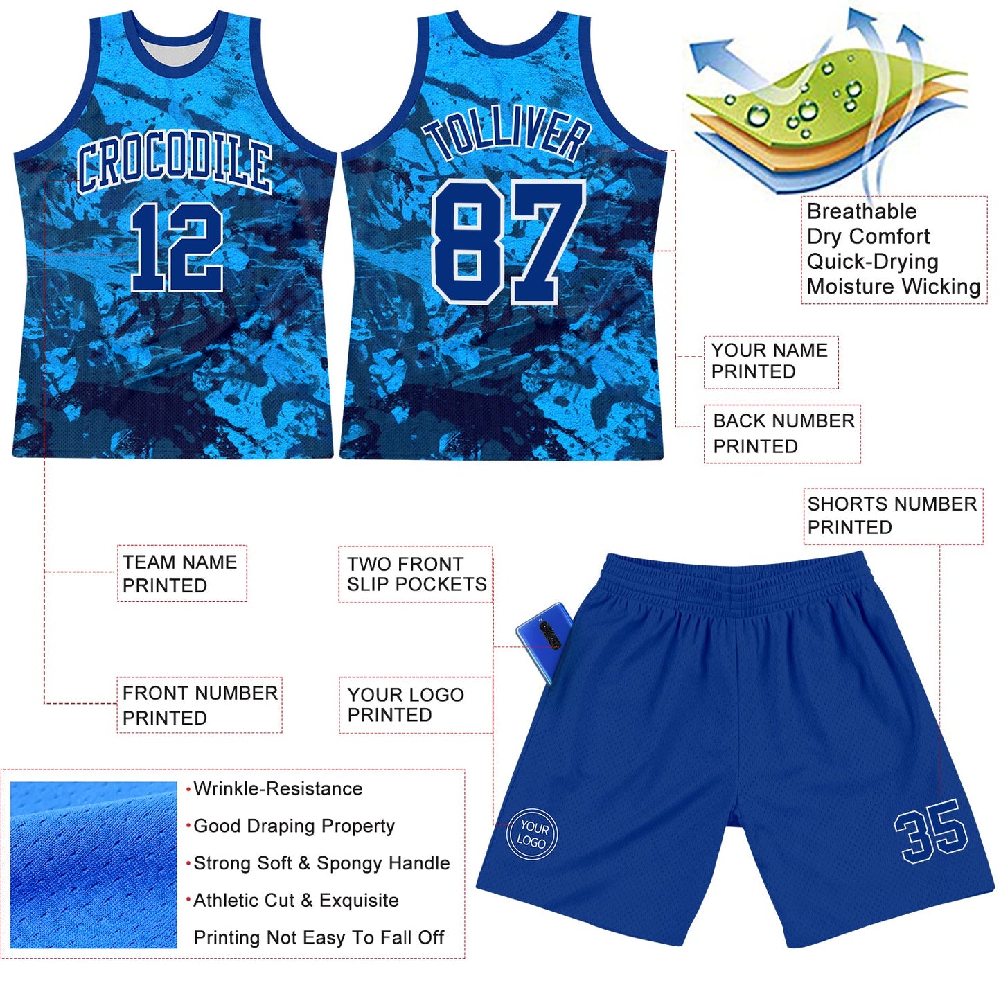 Custom Tie Dye Royal-White Round Neck Sublimation Basketball Suit Jersey - Sky-Custom