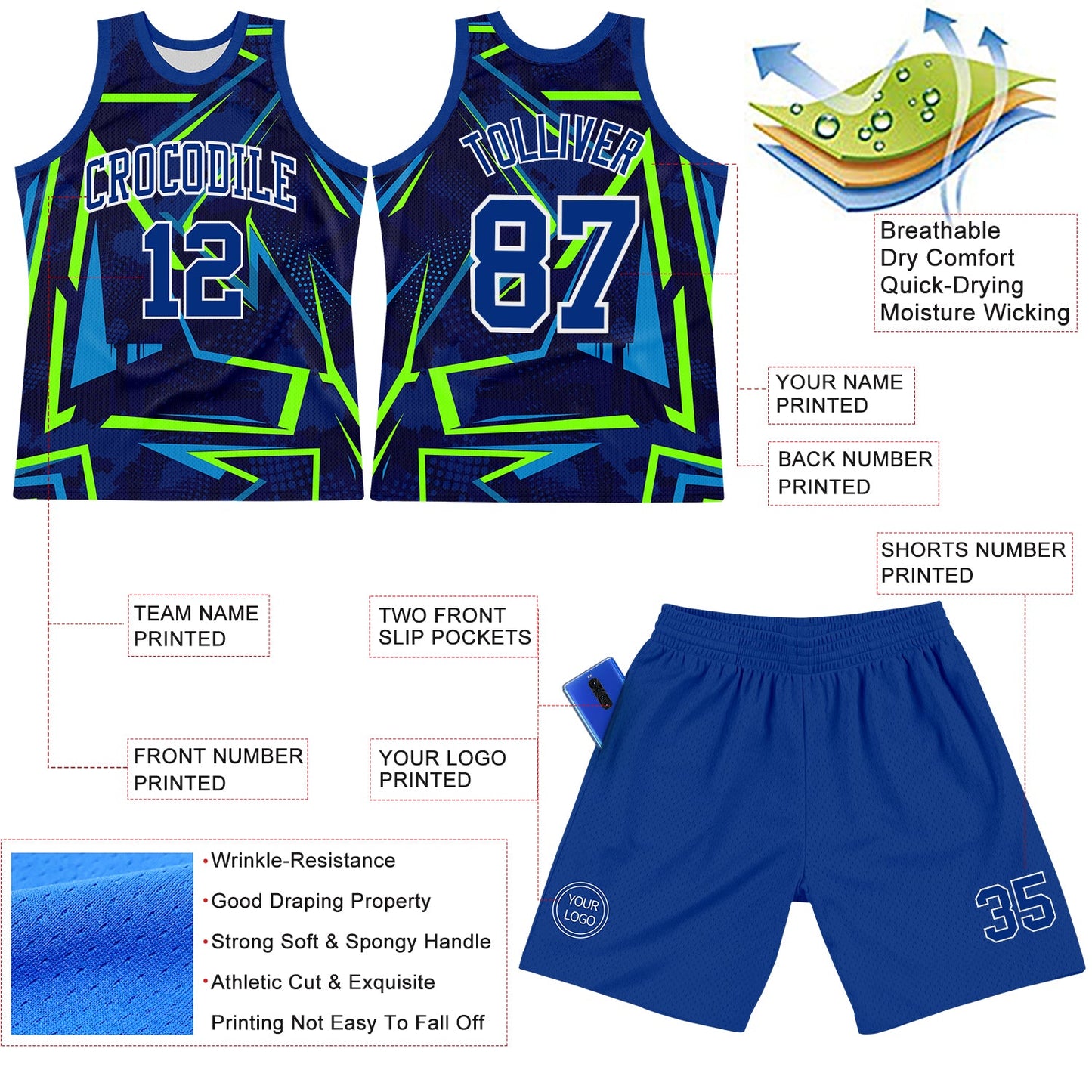 Custom Royal Neon Green-White Geometric Shape Round Neck Sublimation Basketball Suit Jersey - Sky-Custom
