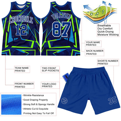 Custom Royal Neon Green-White Geometric Shape Round Neck Sublimation Basketball Suit Jersey - Sky-Custom