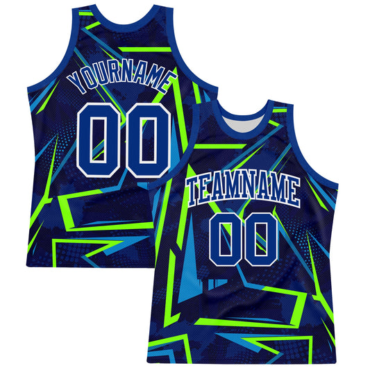 Custom Royal Neon Green-White Geometric Shape Round Neck Sublimation Basketball Suit Jersey - Sky-Custom