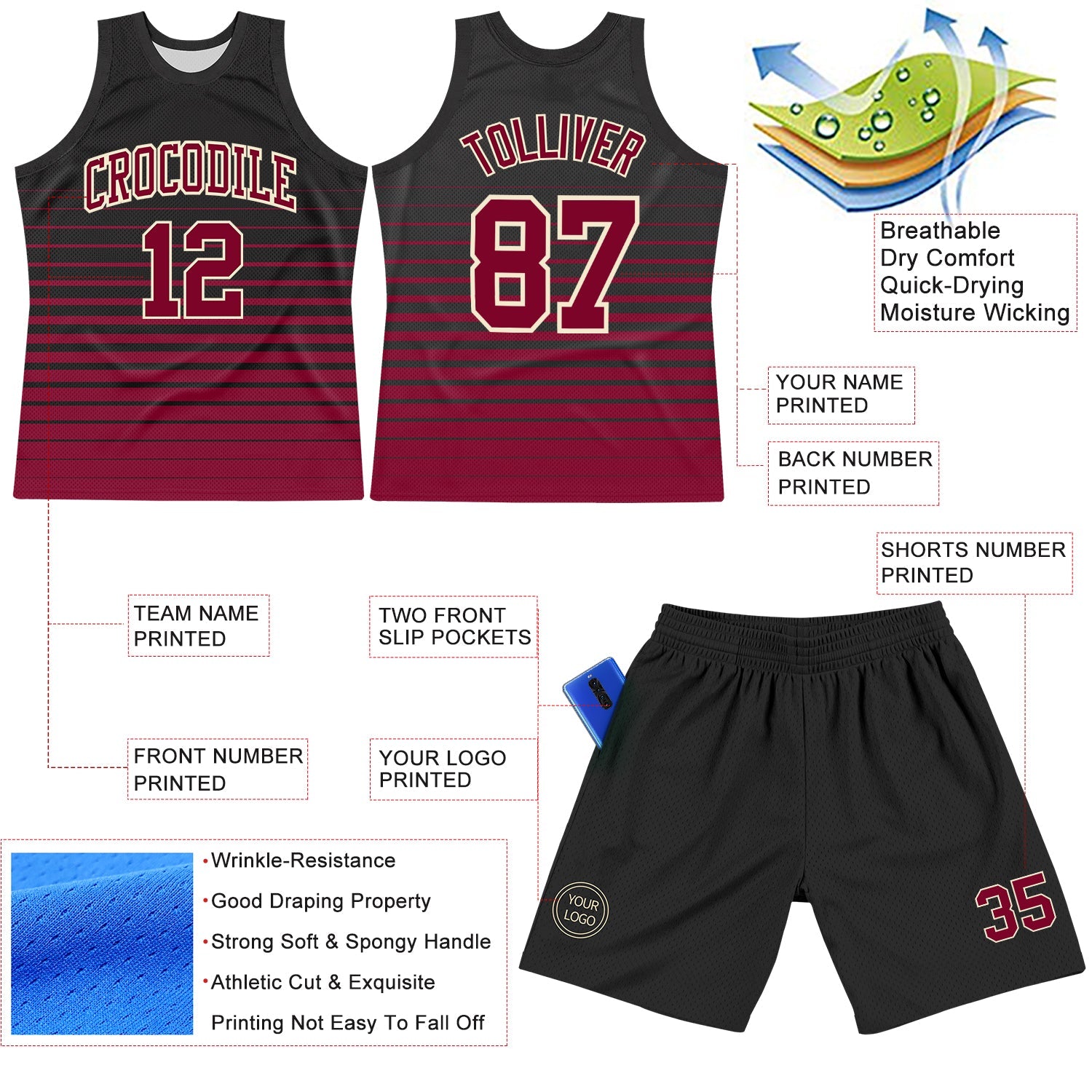 Custom Black Maroon-Cream Pinstripe Fade Fashion Round Neck Sublimation Basketball Suit Jersey - Sky-Custom