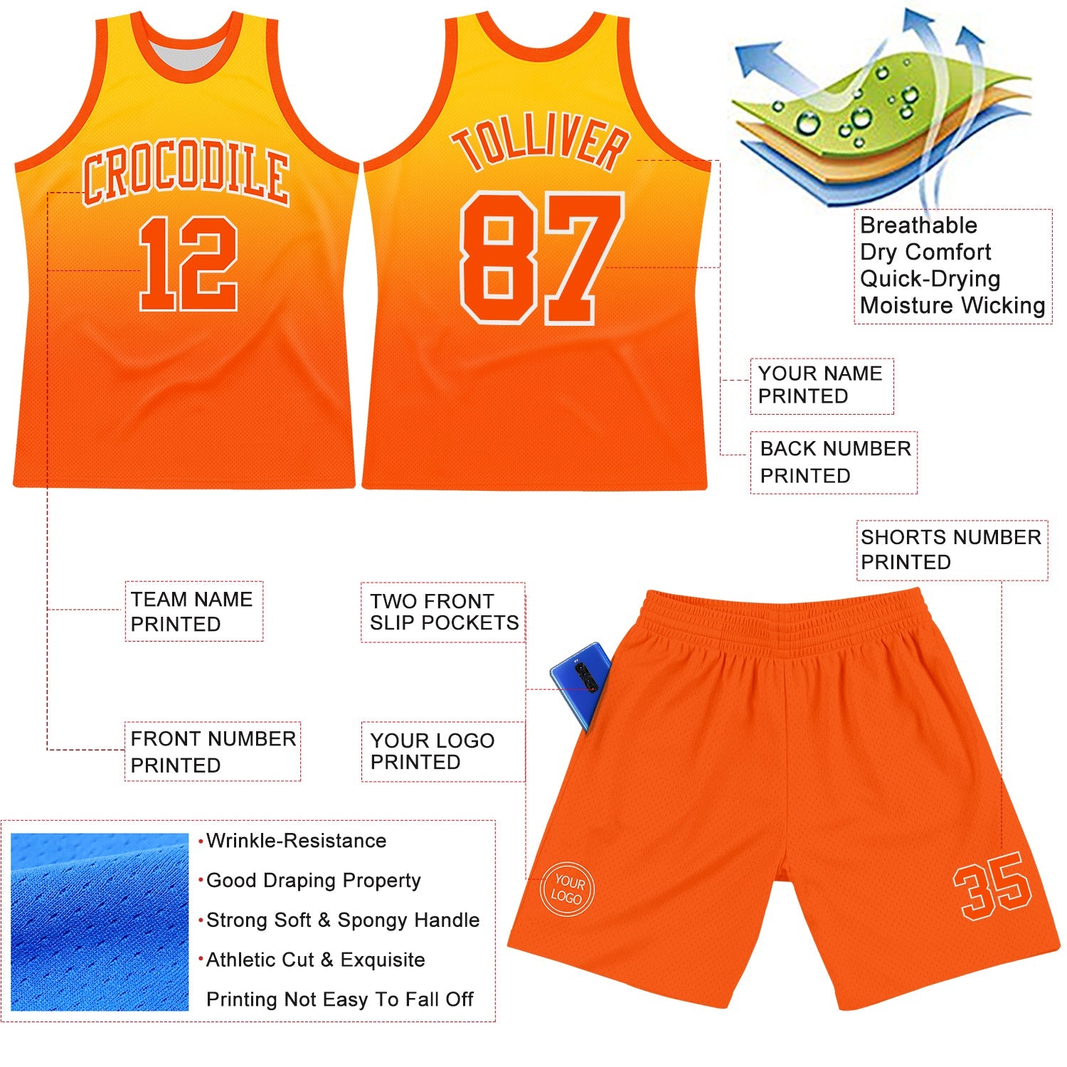 Custom Yellow Orange-White Fade Fashion Round Neck Sublimation Basketball Suit Jersey - Sky-Custom