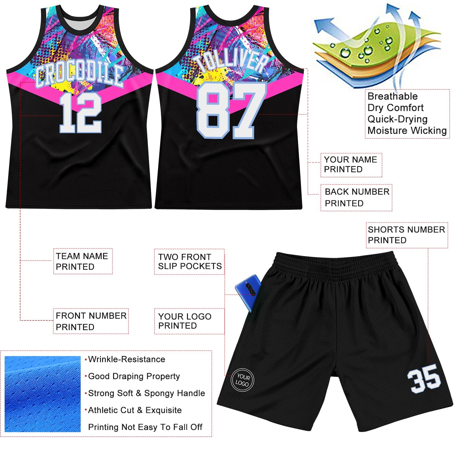 Custom Black White Pink-Light Blue Splash Round Neck Sublimation Basketball Suit Jersey - Sky-Custom