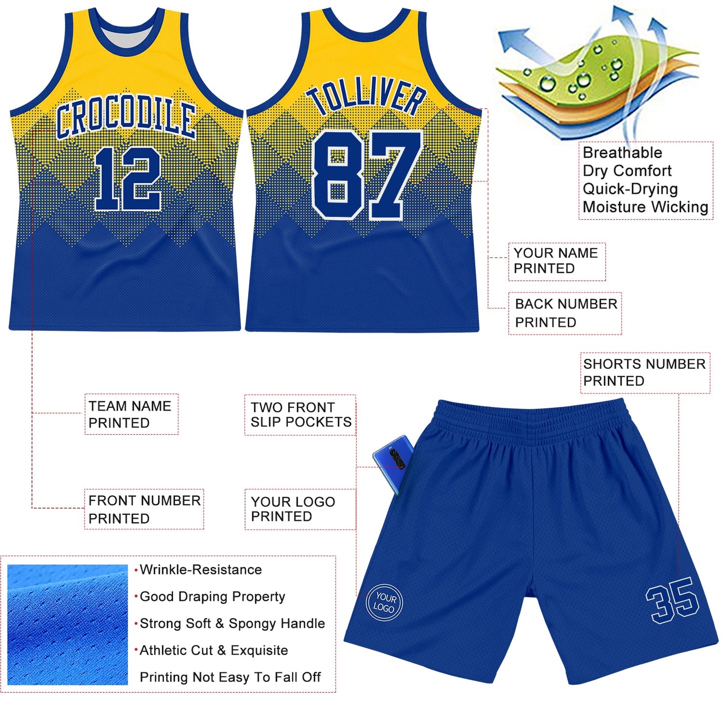 Custom Yellow Royal-White Gradient Square Shapes Round Neck Sublimation Basketball Suit Jersey - Sky-Custom
