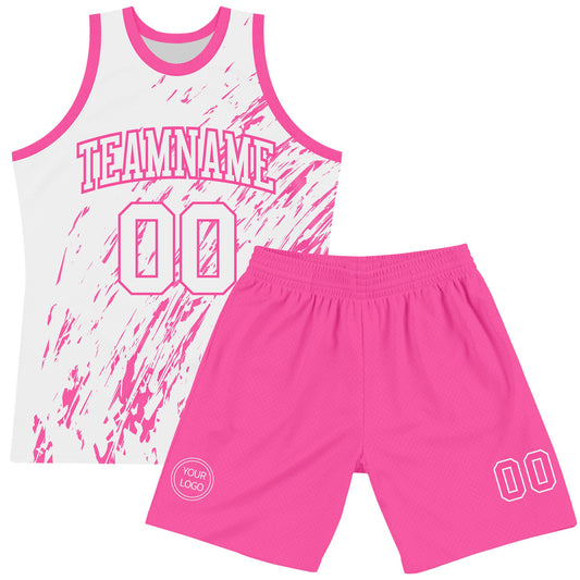 Custom White Pink Splash Round Neck Sublimation Basketball Suit Jersey - Sky-Custom
