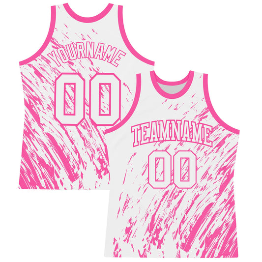 Custom White Pink Splash Round Neck Sublimation Basketball Suit Jersey - Sky-Custom