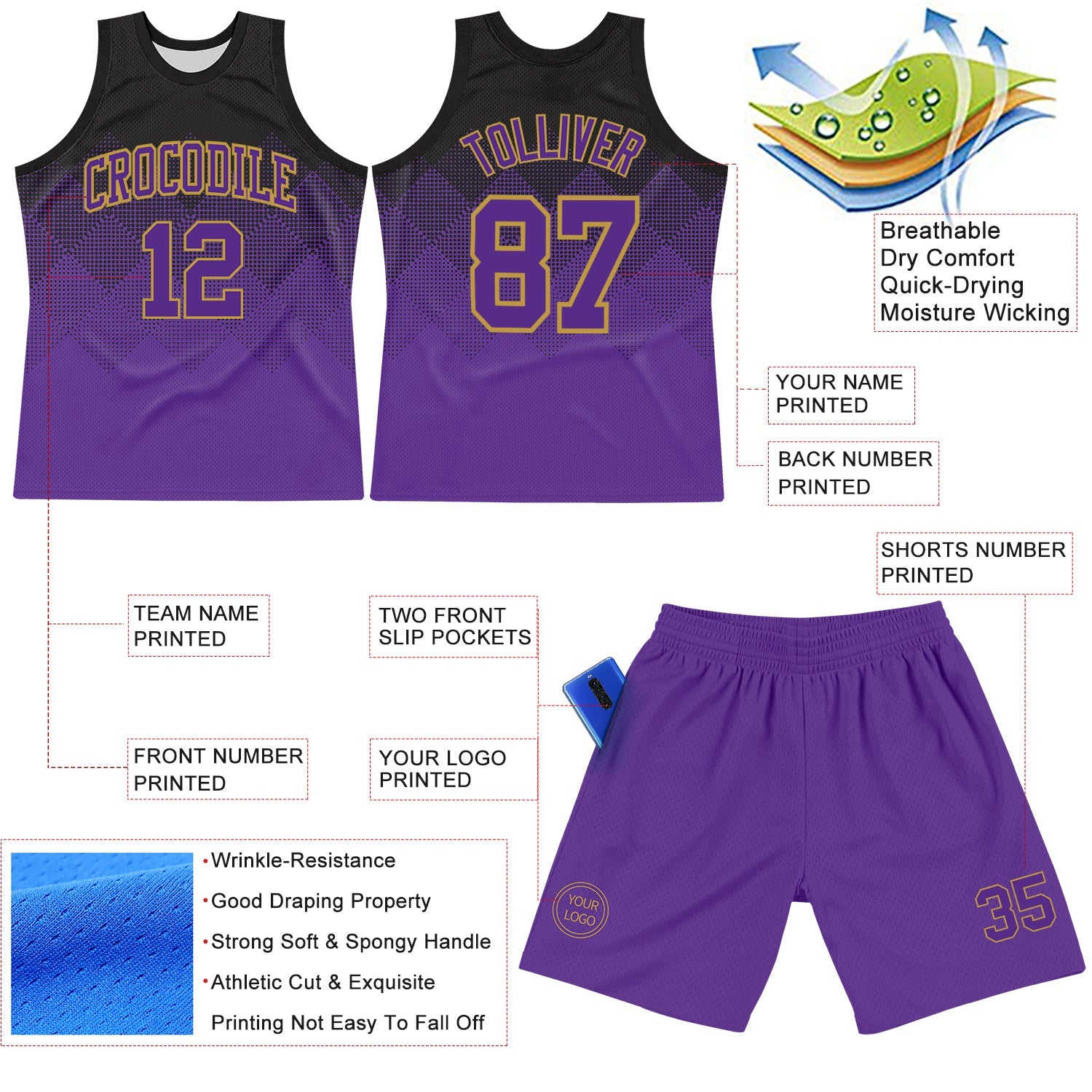 Custom Black Purple-Old Gold Fade Fashion Round Neck Sublimation Basketball Suit Jersey - Sky-Custom