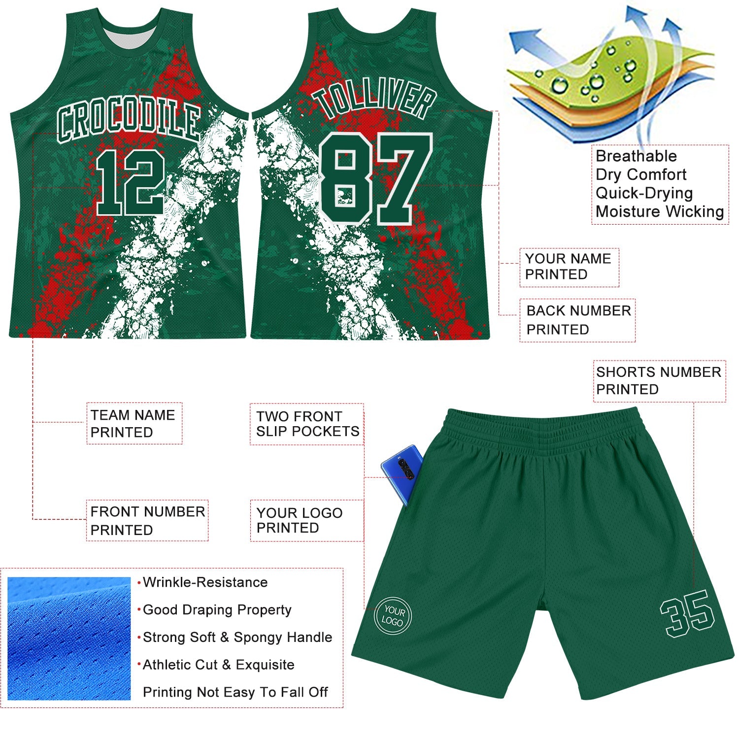 Custom Green Red-White Splash Round Neck Sublimation Basketball Suit Jersey - Sky-Custom