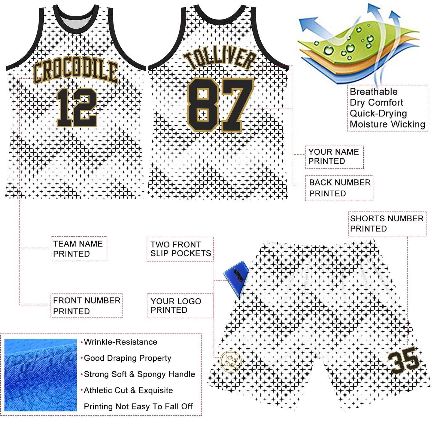 Custom White Black-Old Gold Geometric Shape Round Neck Sublimation Basketball Suit Jersey - Sky-Custom