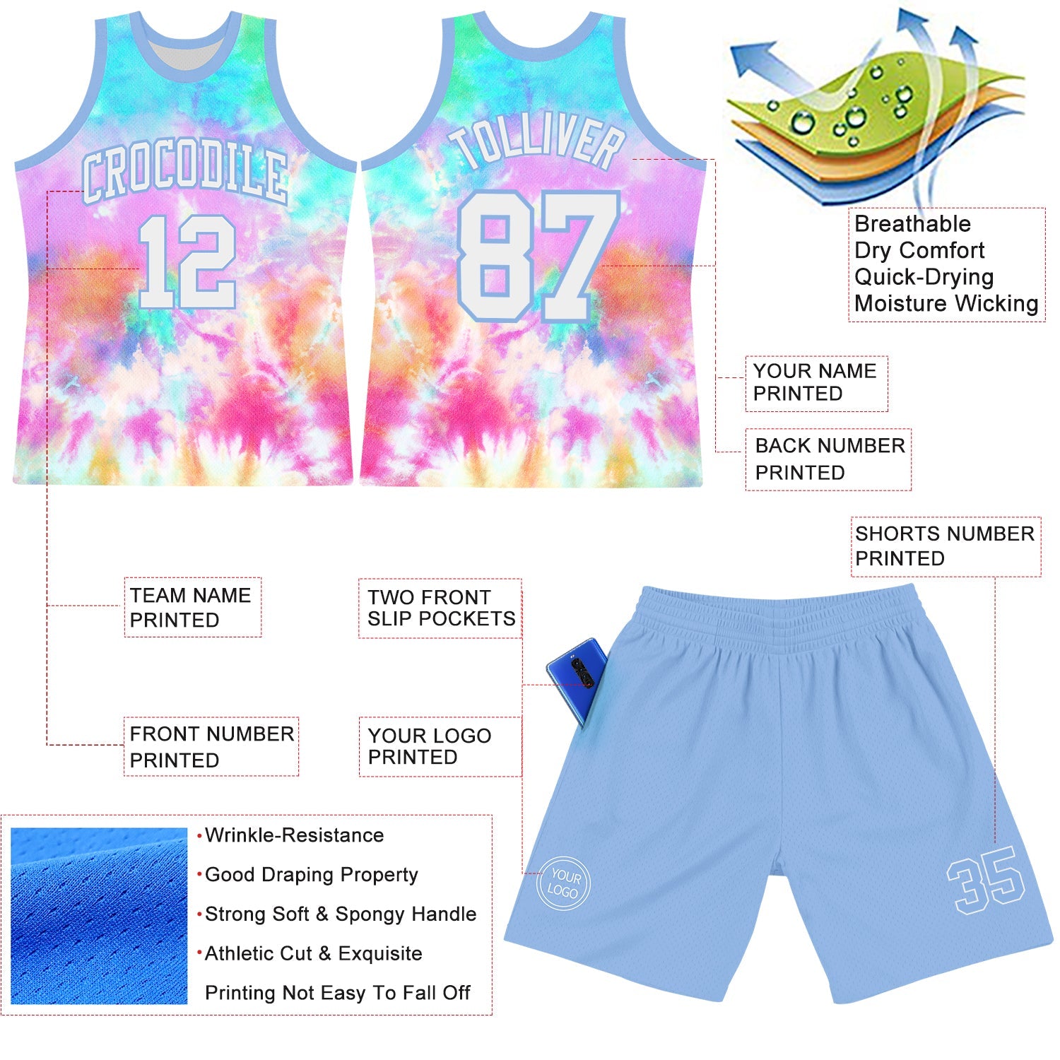 Custom Tie Dye White-Light Blue Round Neck Sublimation Basketball Suit Jersey - Sky-Custom