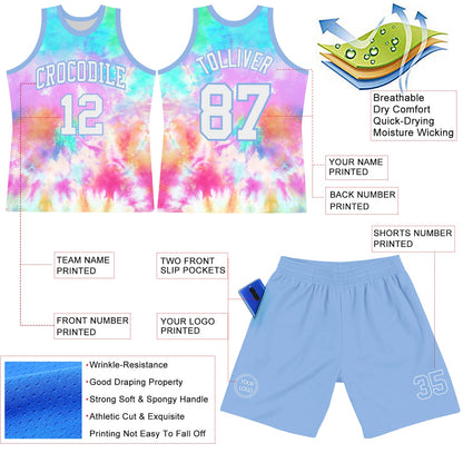 Custom Tie Dye White-Light Blue Round Neck Sublimation Basketball Suit Jersey - Sky-Custom