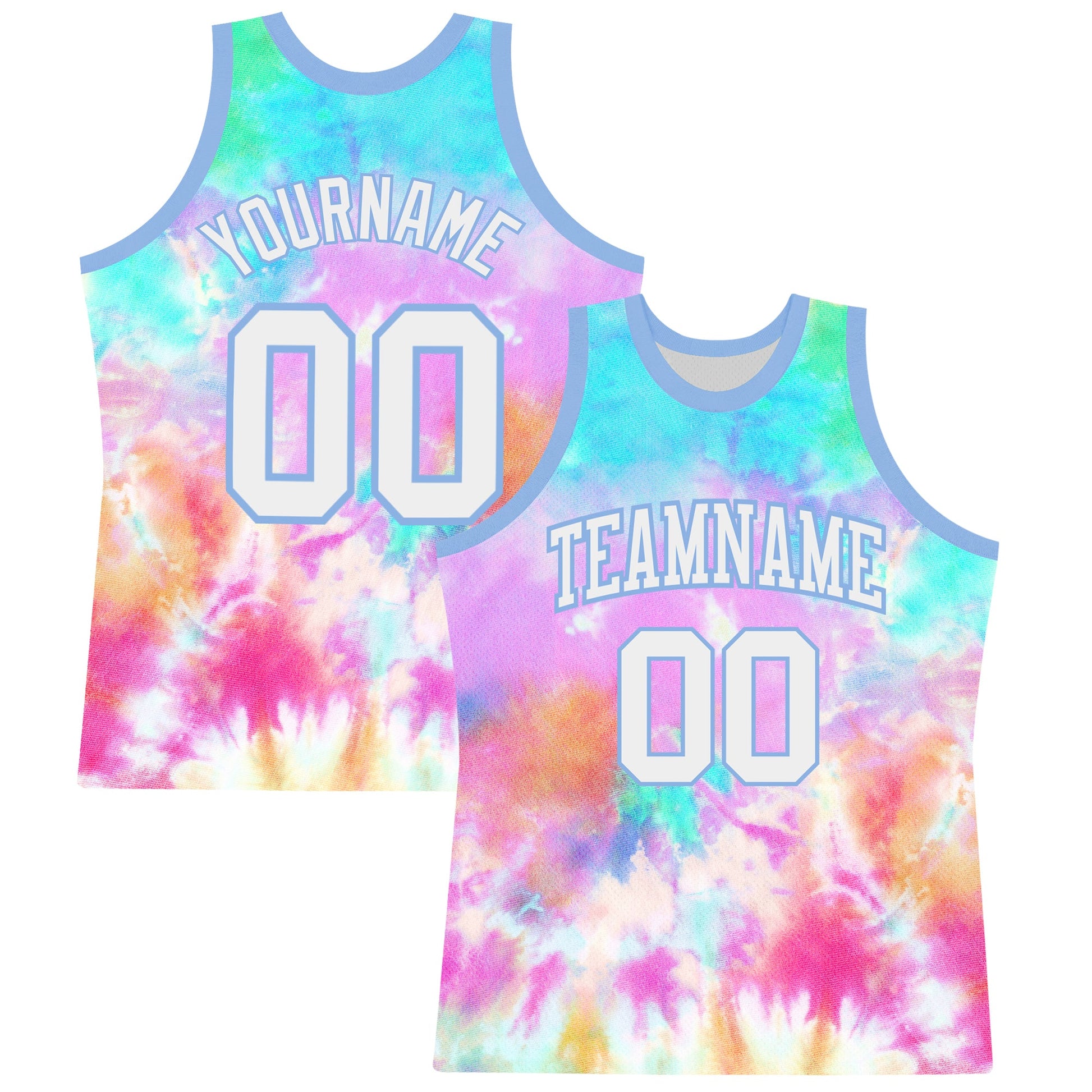 Custom Tie Dye White-Light Blue Round Neck Sublimation Basketball Suit Jersey - Sky-Custom