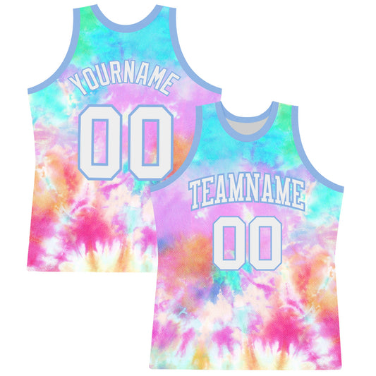 Custom Tie Dye White-Light Blue Round Neck Sublimation Basketball Suit Jersey - Sky-Custom