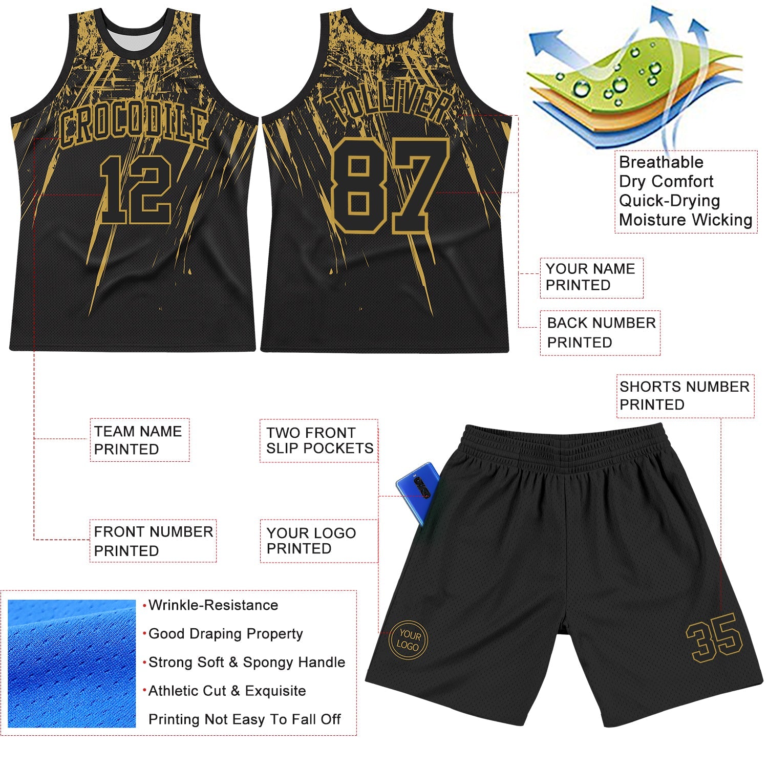 Custom Black Old Gold Splash Round Neck Sublimation Basketball Suit Jersey - Sky-Custom