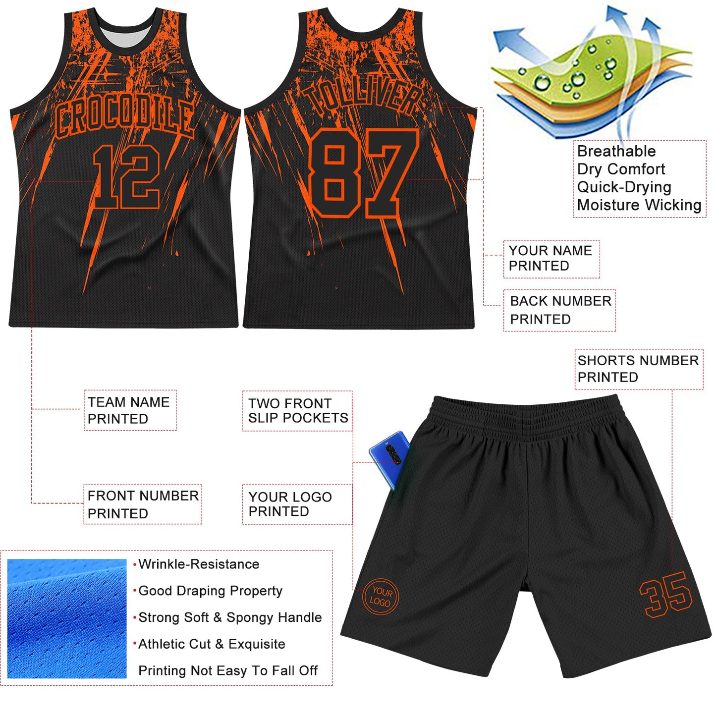 Custom Black Orange Splash Round Neck Sublimation Basketball Suit Jersey - Sky-Custom