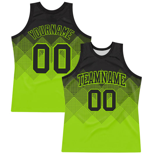 Custom Black Neon Green Gradient Square Shapes Round Neck Sublimation Basketball Suit Jersey - Sky-Custom
