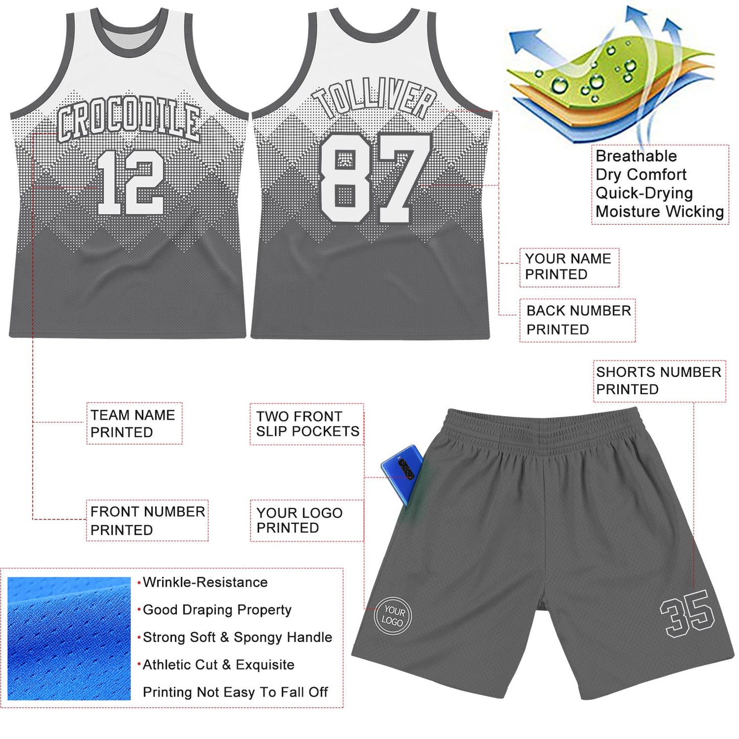 Custom White Steel Gray Gradient Square Shapes Round Neck Sublimation Basketball Suit Jersey - Sky-Custom