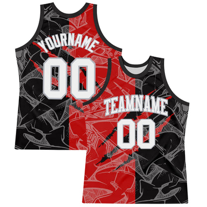 Custom Graffiti Pattern White Black Red-Gray Scratch Round Neck Sublimation Basketball Suit Jersey - Sky-Custom
