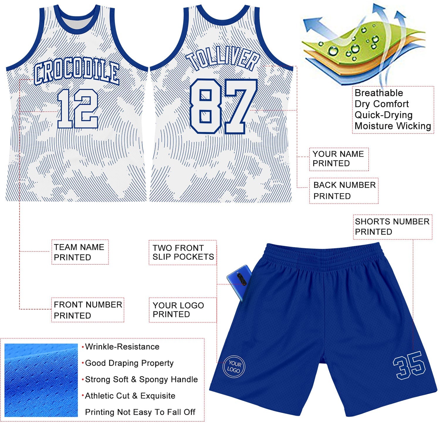 Custom White Royal Curve Lines Round Neck Sublimation Basketball Suit Jersey - Sky-Custom