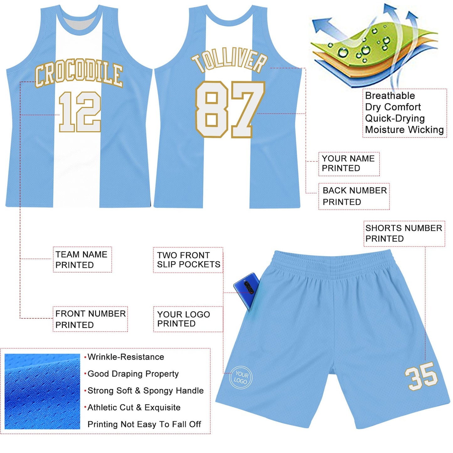 Custom Light Blue White-Old Gold Argentinian Flag Round Neck Sublimation Basketball Suit Jersey - Sky-Custom